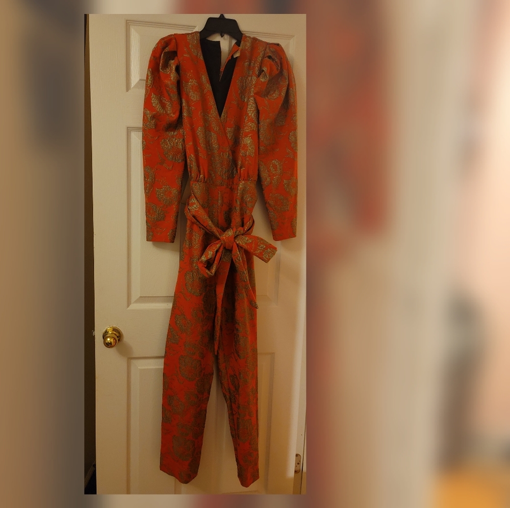 Red and gold drama puff sleve jumpsuit